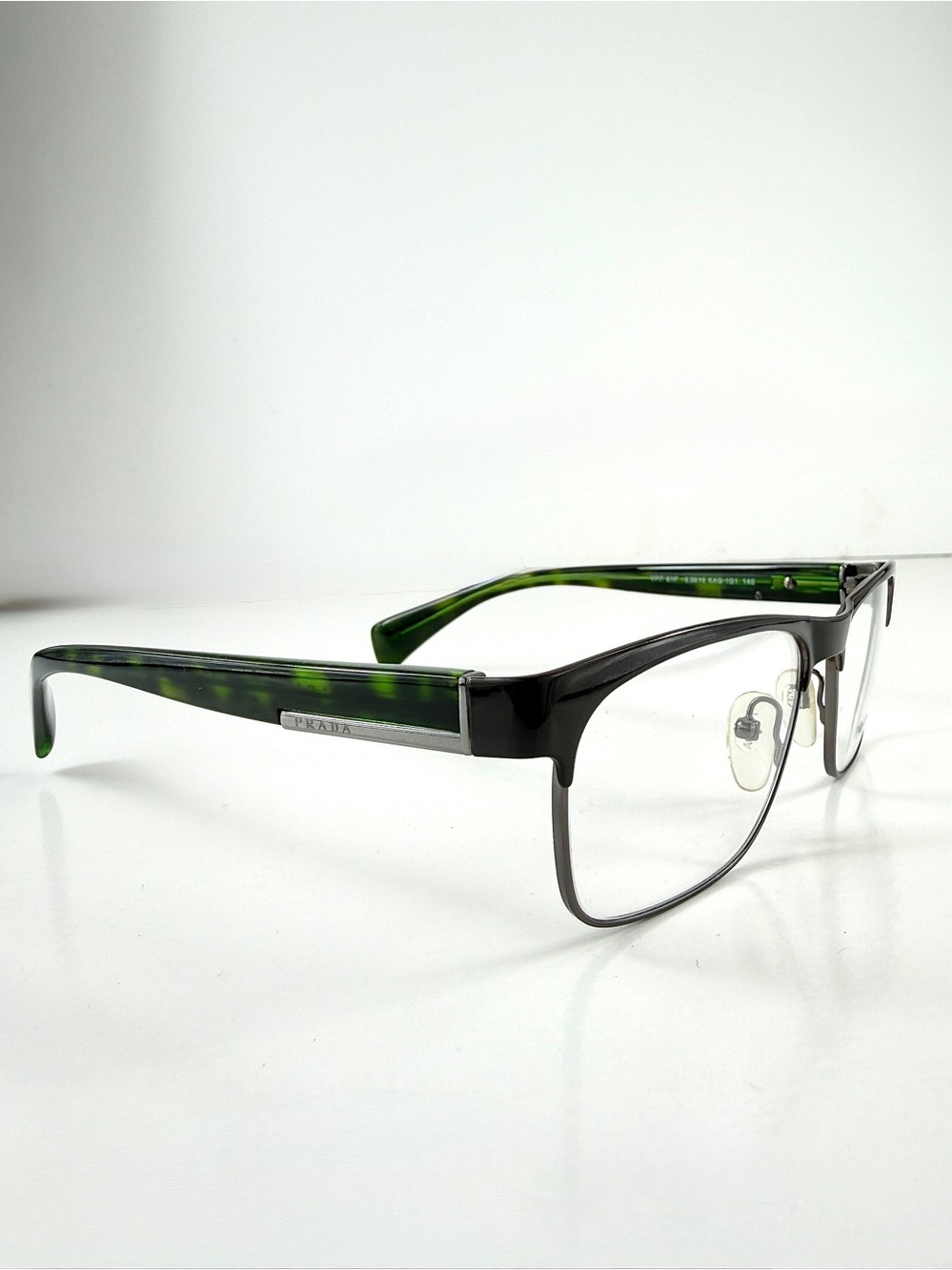 Prada Black Green Tortoiseshell Eyeglasses VPR 61P KAG-101 Rectangle Browline - Picture 4 of 15